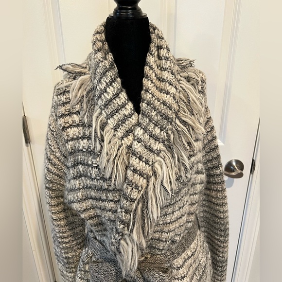 Tory Burch Gray/Black/Cream Striped Cardigan with Fringe and Belt - Size Small - Picture 4 of 9
